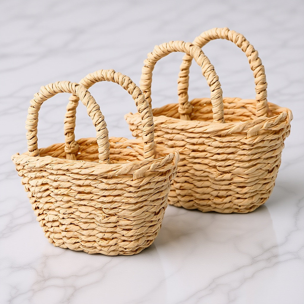 Desk Setup Diy - 2Pcs Mini Raffia Handle Basket Woven