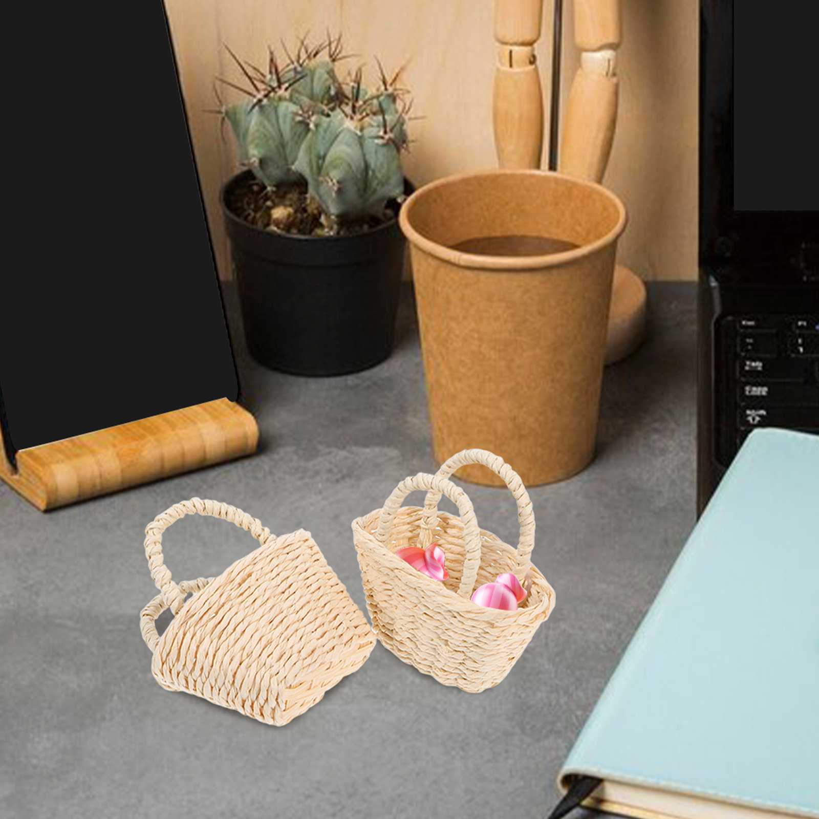 2Pcs Mini Raffia Handle Basket - Desk Setup Diy 评论和价格